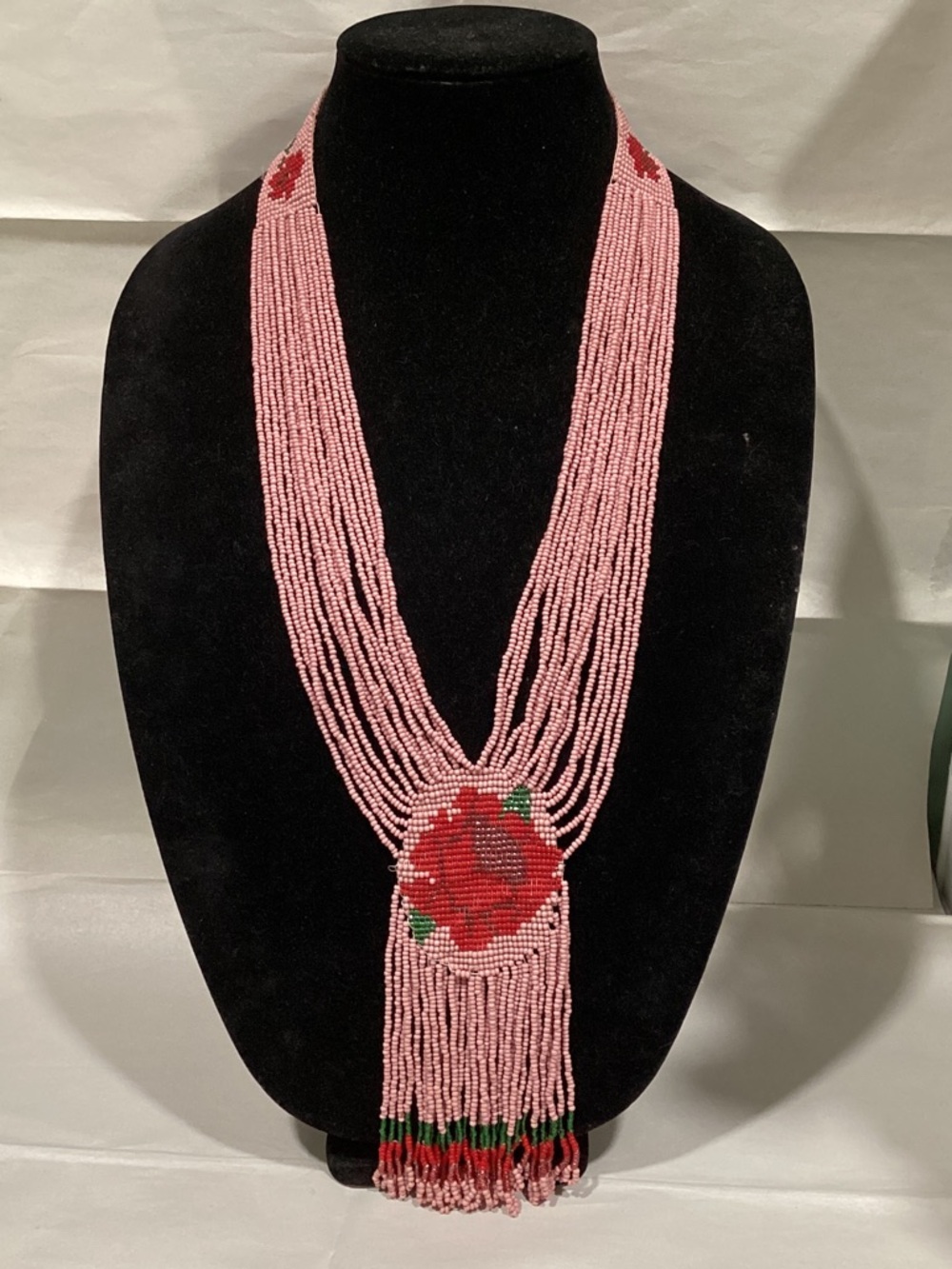 Handcrafted Pink Seed Bead Necklace with Red Floral Medallion